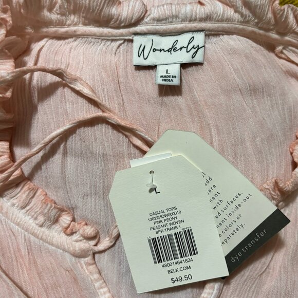 Wonderly Pink Peony Ruffle Neck Tie Front Blouse – Long Sleeve Boho Peasant Top - Picture 5 of 5